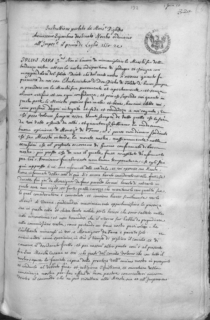 « Instruttione [del papa Giulio III], portata da Mgr Pighino, arcivescovo Sipontino, destinato noncio ordinario all' imperatore.» 